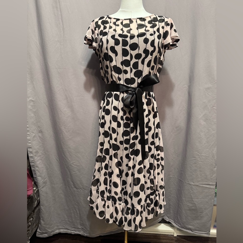 Rickie Freeman for Teri Jon Black and Blush Polka Dot Midi Dress - Size 2